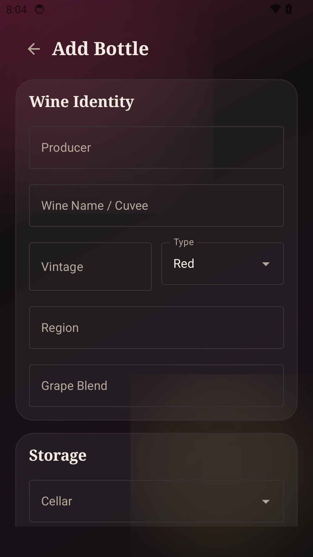 Add Bottle screen with wine identity fields