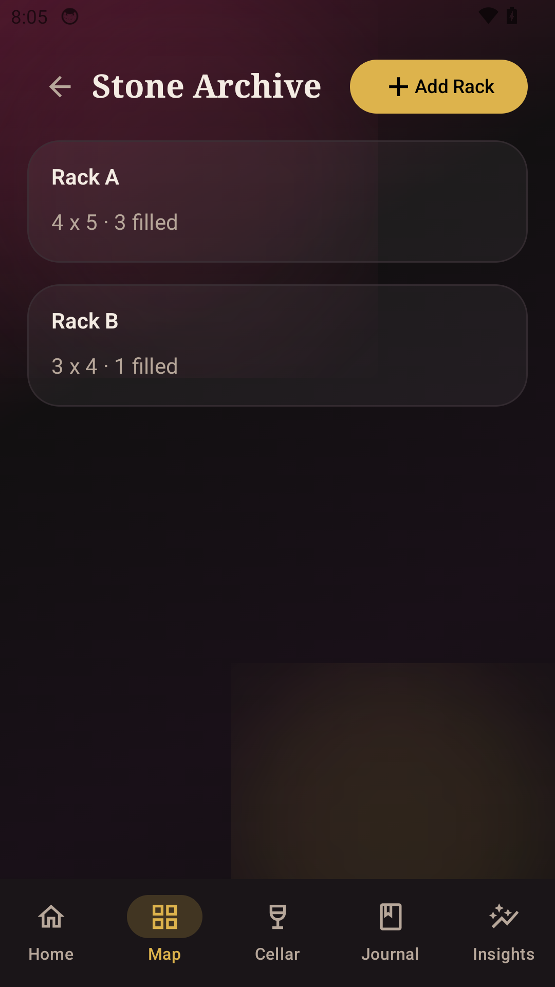 Stone Archive rack list screen