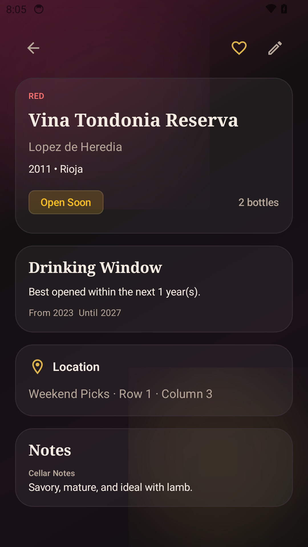 Bottle detail screen with drinking window and notes